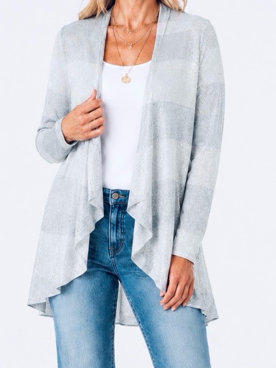 Chico’s Silver & Grey Semi-Sheer Waterfall Draped Cardigan Lightweight Sweater